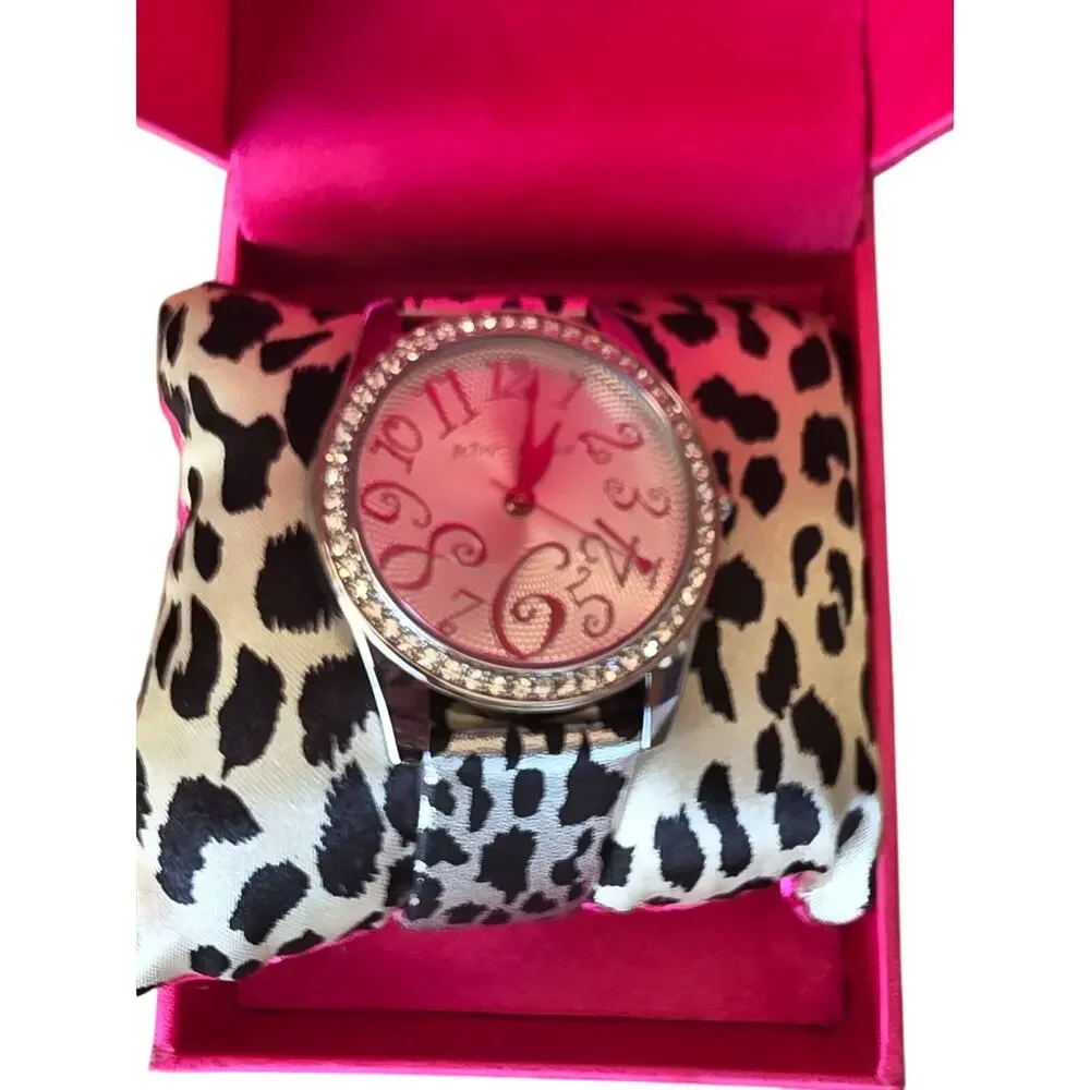 Betsey Johnson Silver Crystal Leopard Print Watch